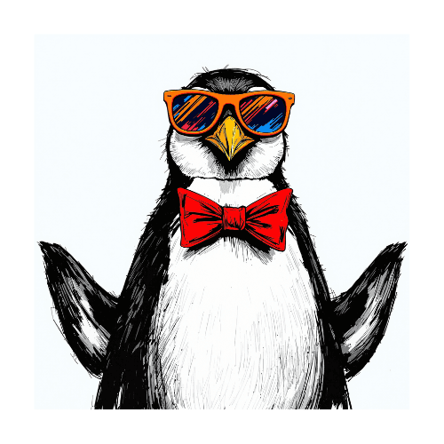 Playful art of a penguin wearing rainbow sunglasses and a red bow tie, drawn in a sketchy black-and-white style.