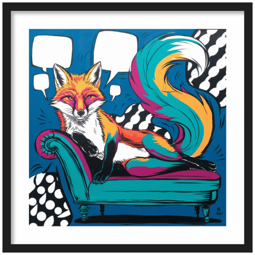 Pop art style fox lounging on a teal chaise longue, surrounded by comic book-style speech bubbles and bold graphic patterns.