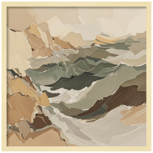 Abstract landscape painting with thick brushstrokes in earthy tones, depicting crashing waves and rugged cliffs.