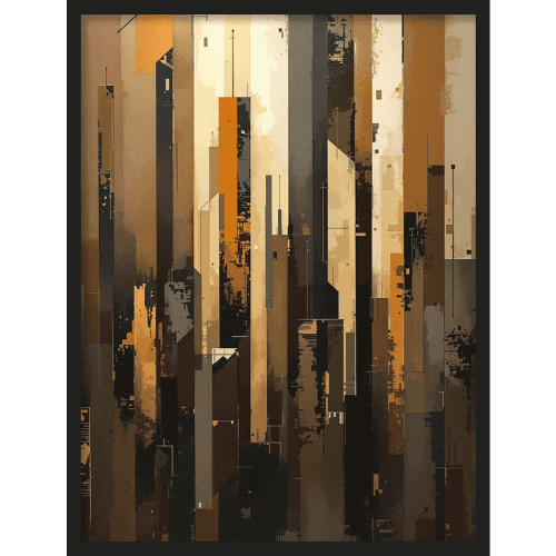 Industial wall art of abstract cityscape in shades of brown, beige, and black, with sharp edges and architectural textures.