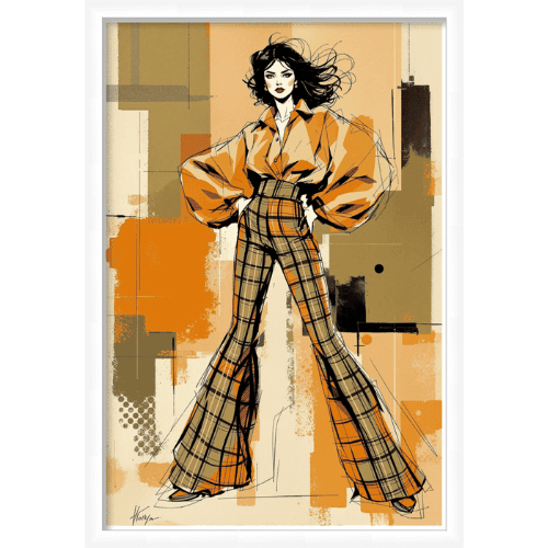 Fashion illustration of a confident woman in a plaid outfit with exaggerated sleeves - fashion retro wall art.