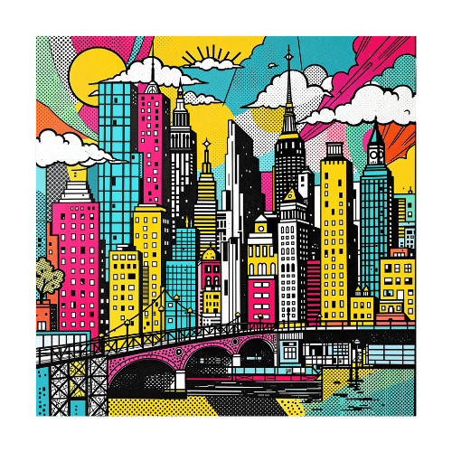 Pop art cityscape featuring a colorful skyline, bridge, and sunburst clouds in a comic book style.