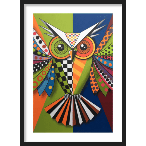 Bold geometric owl artwork in vivid pop art style with checkered and polka dot wings - animal wall art.