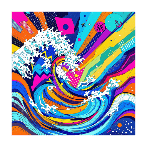 Energetic pop-art wave composition with colorful swirls, symbols, and nautical elements in vibrant hues.