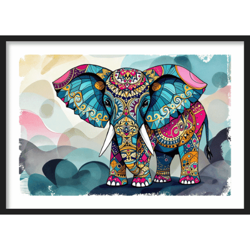 Patterned decorative painting of an elephant in vibrant Indian folk art style with colorful details
