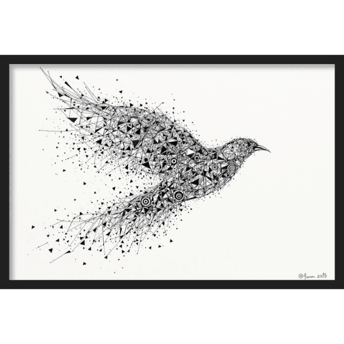Black and white artwork of a bird in flight formed by geometric triangles and abstract shapes in pointillist style.